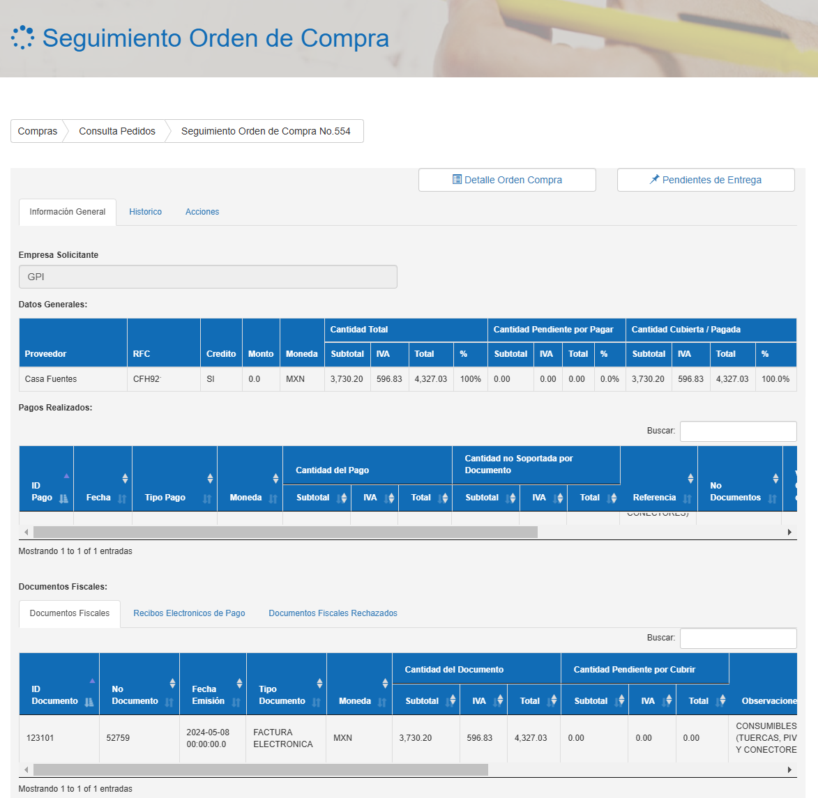 Detalle de montos de la orden de compra